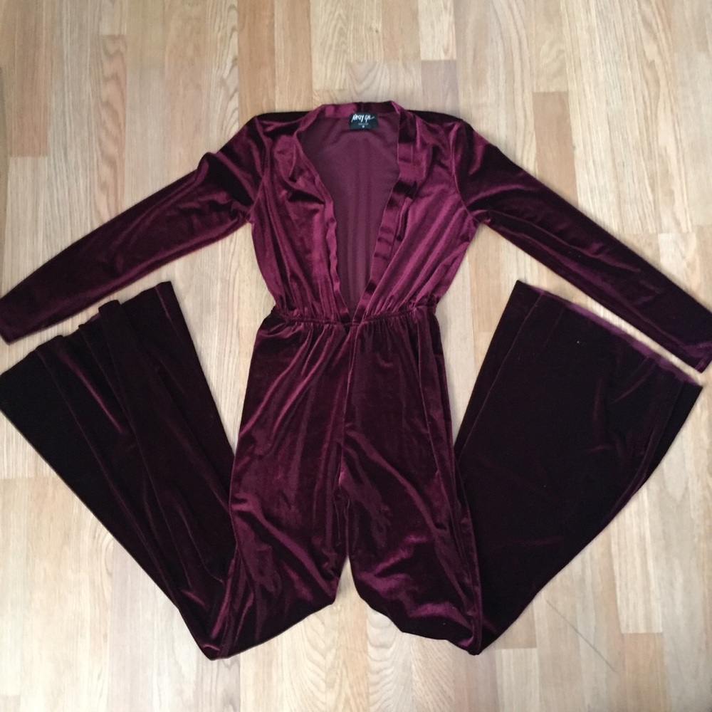 Nasty Gal plunging velvet flared jumpsuit